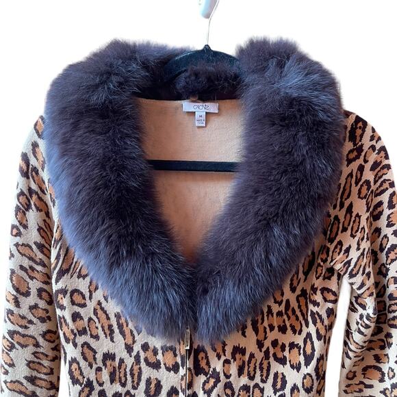 CACHE Zipper Sweater Leopard Animal Print Fox Fur Collar Knit Cardigan Sz:M - Picture 2 of 7